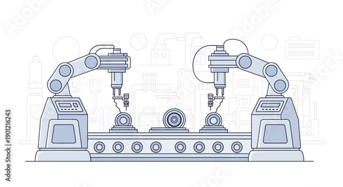 Robotic Arms Assembling Product on a Conveyor Belt in a Modern Factory Setting