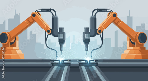 Robotic arms performing welding operations in a modern industrial setting with a city skyline in the background