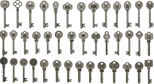 Metallic key collection with unique engraved symbols, abstract emblems, and varied blade shapes for puzzle, security, game design, or mystery-themed visual concepts