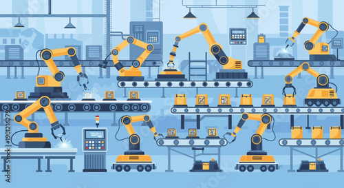 Automated factory with robotic arms on assembly lines, efficient production and manufacturing process