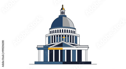 Illustration of the US Capitol Building with a dome and columns on President's Day, symbolizing American government and politics.