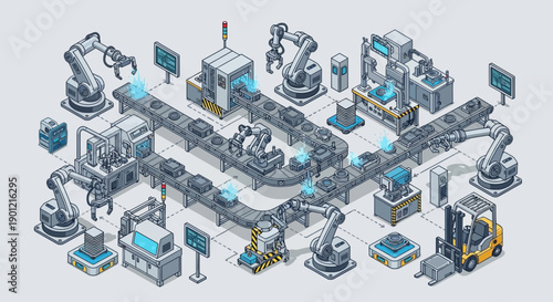 Modern Automated Factory Assembly Line with Robotic Arms and Forklift Illustration