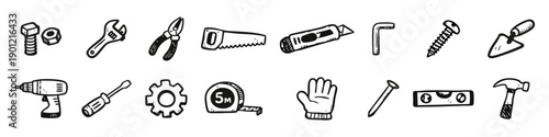 Set of hand-drawn construction and DIY tool icons in a sketchy bicolor style. Includes hammer, wrench, drill, and more for repair and craft designs.