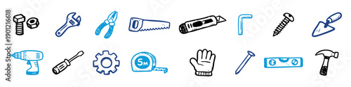 Set of hand-drawn construction and DIY tool icons in a sketchy bicolor style. Includes hammer, wrench, drill, and more for repair and craft designs.