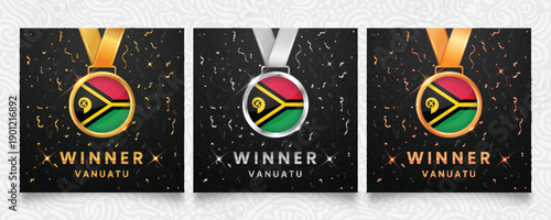 Vanuatu winner set featuring gold, silver and bronze medals with the national flag design, displayed on a dark background with festive confetti, sparkling highlights, and elegant patterns