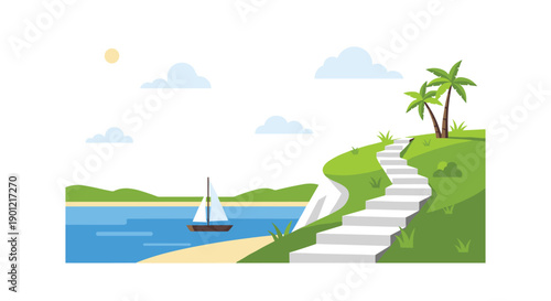 Serene coastal landscape featuring white stairs winding up a green hill, with a sailboat on calm blue water.