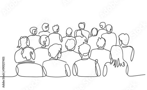 Continuous line drawing of a group of people seated together facing forward