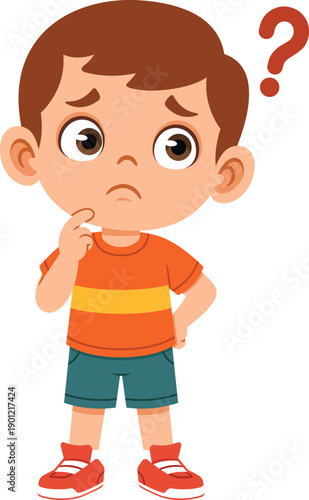 Flat vector illustration of a boy character with a confused facial expression. Suitable for emotion visuals, children education, problem solving themes, social emotional learning, stickers, posters.