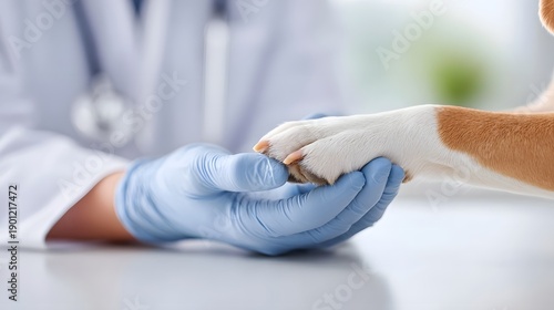Close up of a veterinarian in a white coat and blue gloves tenderly holding a dog s paw highlighting the compassionate care provided in a veterinary clinic for animal wellness