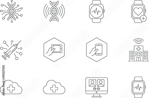 Multimedia and video player line icons including cameras, screens, playback controls, and cinema elements for interface design.