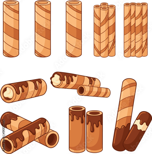 Vector illustrations of crispy wafer rolls and chocolate dipped biscuit sticks for snack and confectionery concepts।