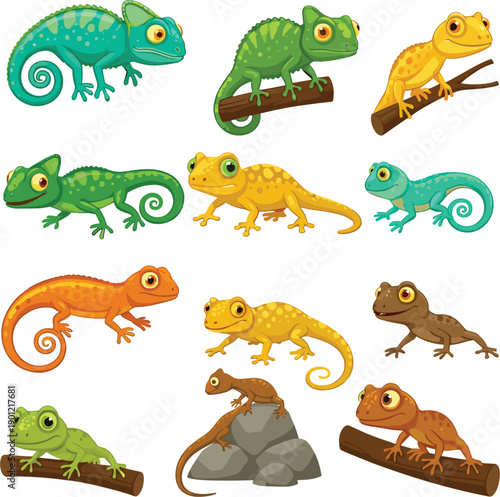 : Vector illustrations of cute colorful chameleons and lizards on branches and rocks for wildlife and nature concepts।