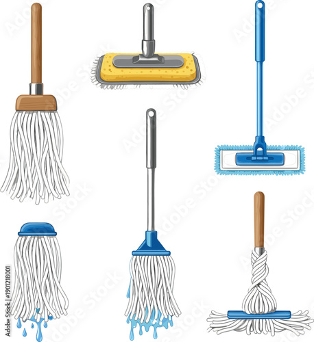 : Vector illustrations of various cleaning mops including traditional rope mops and modern flat mops for housekeeping concepts।