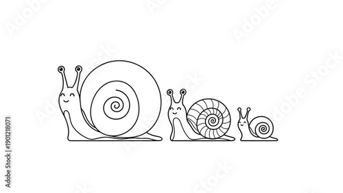 Trio of adorable cartoon snails of varying sizes, each with a happy smiling face, depicted in a simple line art style, symbolizing a cute animal family.