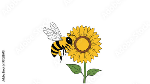 Vibrant cartoon bee with black and yellow stripes, transparent wings, actively approaching a cheerful yellow sunflower, symbolizing pollination and the beauty of nature.
