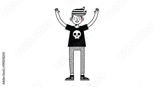 Cheerful cartoon man with striped hair and a cool, edgy style, wearing a skull t-shirt and patterned pants, enthusiastically raising his arms in a gesture of happiness.