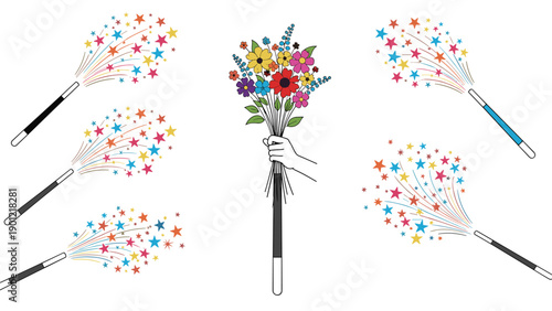 Enchanting collection of magical wands, some emitting bursts of colorful stars and sparkles, while one gracefully holds a vibrant bouquet of flowers, symbolizing magic and beauty.