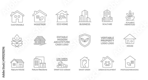 A collection of line art icons representing various aspects of real estate, modern architecture, eco-friendly homes, and business properties, suitable for logos and design elements.