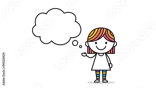 Simple stick figure girl with colorful striped hair and matching leggings, standing with a cheerful expression and gesturing towards a large, blank thought bubble.