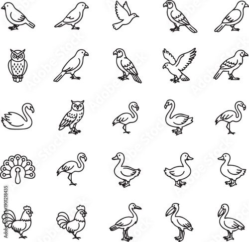 black and white vector line icon set of 20 different animals, arranged in a 5×4 grid layout