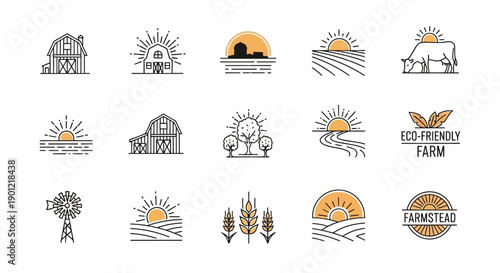 A collection of linear farm and agriculture logos featuring barns, fields, sun, and rural elements in a minimalist style.