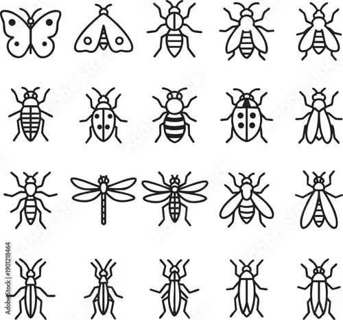 black and white vector line icon set of 20 different animals, arranged in a 5×4 grid layout