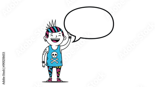 Cheerful cartoon punk boy with spiky, multi-colored hair and a skull t-shirt, happily gesturing towards a large, blank speech bubble, ready for your custom message.