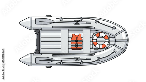 Detailed overhead view of a grey inflatable raft, equipped with oars, a red life vest, and a lifebuoy, ready for recreational water activities or rescue, illustrating safety gear.