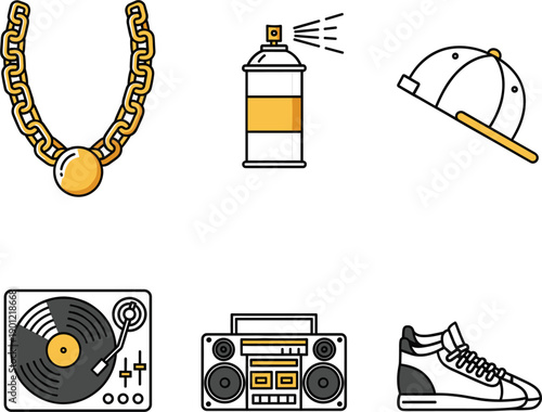 Vector illustrations of hip-hop culture elements including gold chain spray can boombox and sneakers for urban style concepts।