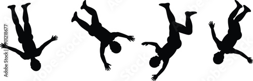 Acrobatic athlete silhouettes performing flips, aerial jumps, and dynamic freestyle movements, abstract sports action figures isolated on white background for motion concepts