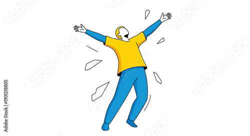 Man Breaking Barriers: Vector Illustration of Freedom, Success, and Shattering Obstacles with Arms Outstretched in Triumph.