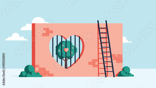 Symbolic illustration of a brick wall with a heart-shaped, barred opening revealing a tree, and a ladder leaning against it, representing freedom, breaking barriers, or escape.