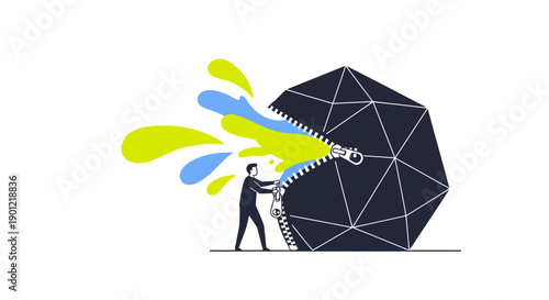 Unlocking Creativity: Businessman Unzipping Dark Geometric Barrier to Release Bright Ideas and Colorful Splash