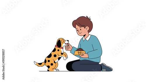 Cheerful young boy with brown hair, kneeling and gently feeding treats from a bowl to a happy, spotted dog, illustrating care, pet ownership, and animal bonding.