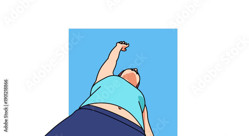 Low Angle Cartoon Illustration of a Woman Reaching Up for Success and Aspiration. Victory, Achievement, and Striving Concept against a clear blue sky.