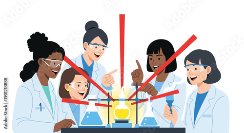 Diverse Women Scientists Team Collaborating in Laboratory Experiment, Celebrating Research Breakthrough. Flat Vector Illustration of Female STEM Professionals.