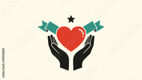 Symbolizing care and love, two hands gently cradle a vibrant red heart, adorned with a star and flowing ribbons above.