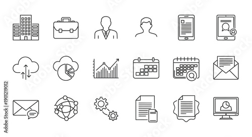 A collection of line icons representing various business, office, and technology concepts such as communication, data, scheduling, and professional work.