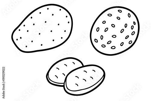 A simple black and white illustration of various potatoes with different textures and patterns