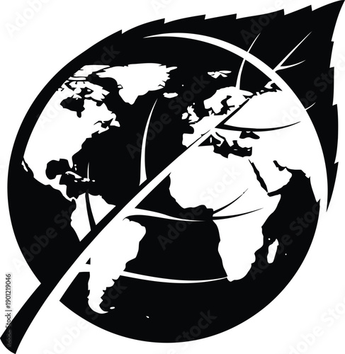 A black and white illustration of the Earth with a leaf overlay, symbolizing global ecology and environmental conservation efforts worldwide.