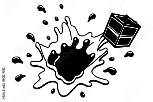 A black and white vector graphic illustration of a milk carton splashing into a puddle