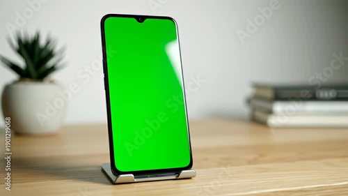 Smartphone with green screen on stand.