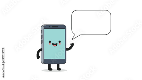 Adorable cartoon smartphone character with a friendly face, arms, and legs, waving goodbye with a blank speech bubble for text.
