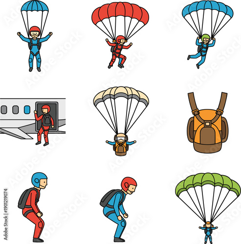 Vector illustrations of skydivers parachuting from planes and extreme outdoor sports for adventure and aviation concepts।