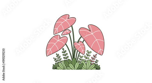 Viewing a whimsical pink plant illustration with green leaves on a clean canvas, front perspective
