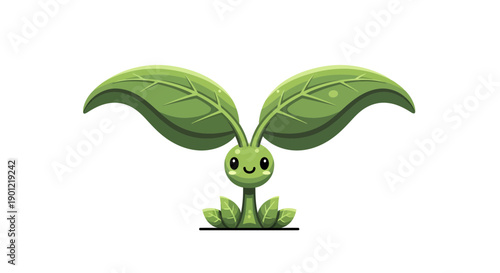 Cheerful cartoon plant with a smile, leaf arms in a white studio illustration from a front view