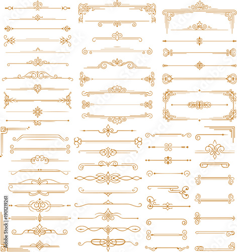 Set of refined golden dividers with elegant flourishes and ornamental line details. Vintage decorative border collection featuring minimal separators and artistic filigree accents for wedding eps