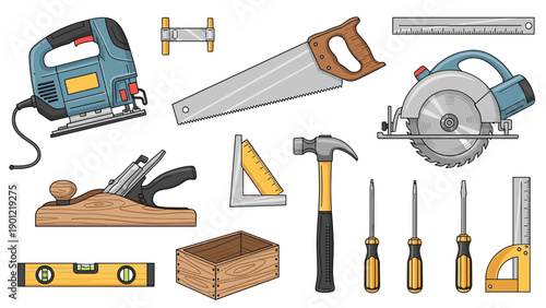 Comprehensive collection of essential carpentry and woodworking tools, including a jigsaw, handsaw, circular saw, plane, hammer, screwdrivers, level, and wooden box.
