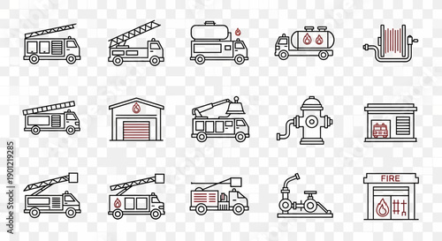 A collection of line art icons depicting various firefighting vehicles, equipment, and structures like fire trucks, fire stations, and hydrants, with red accents.