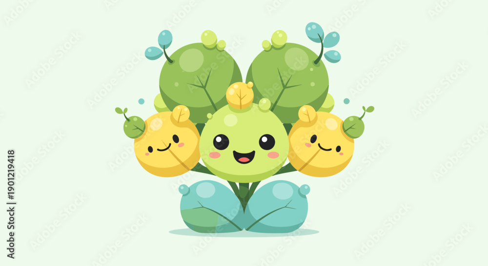 Fototapeta premium Cheerful cartoon broccoli smiling among three bright yellow flowers in a green garden illustration